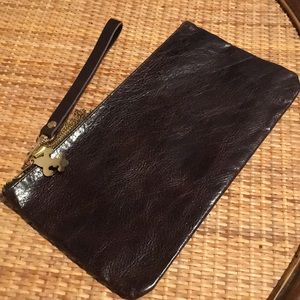 Moss Mills Brown clutch with fleur de lis charm